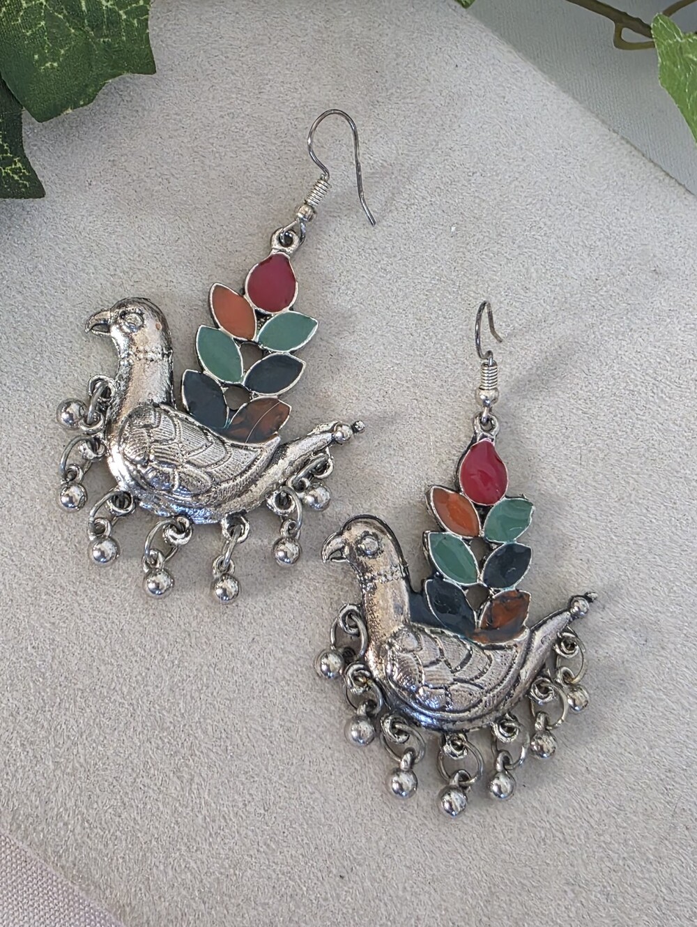 Vintage Style Tribal Peacock Statement Earrings Colorful Enamel Dangles